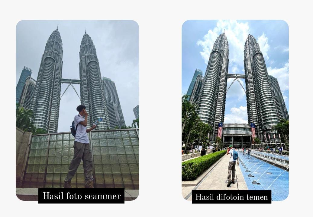 Saat penulis Sobat Hiking datang ke Petronas Towers, salah satu hal yang paling meresakan adalah hadirnya sekelompok scammer yang bergerak di bidang photography. Jadi scammer tersebut berupaya menawarkan jasa foto pada beberapa spot yang mana jika kalian tidak menggunakan jasa mereka akan sangat susah untuk bisa berfoto di spot tersebut.  Harga scamer photography di sekitar Petronas Towers ini cukup bervariatif, mulai dari RM5-RP10 untuk setiap fotonya atau sekitar Rp 15.000-Rp 30.000 setiap fotonya.