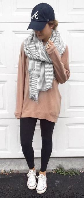 street style obsession / hat + nude sweater + skinnies + white sneakers + stripped scarf