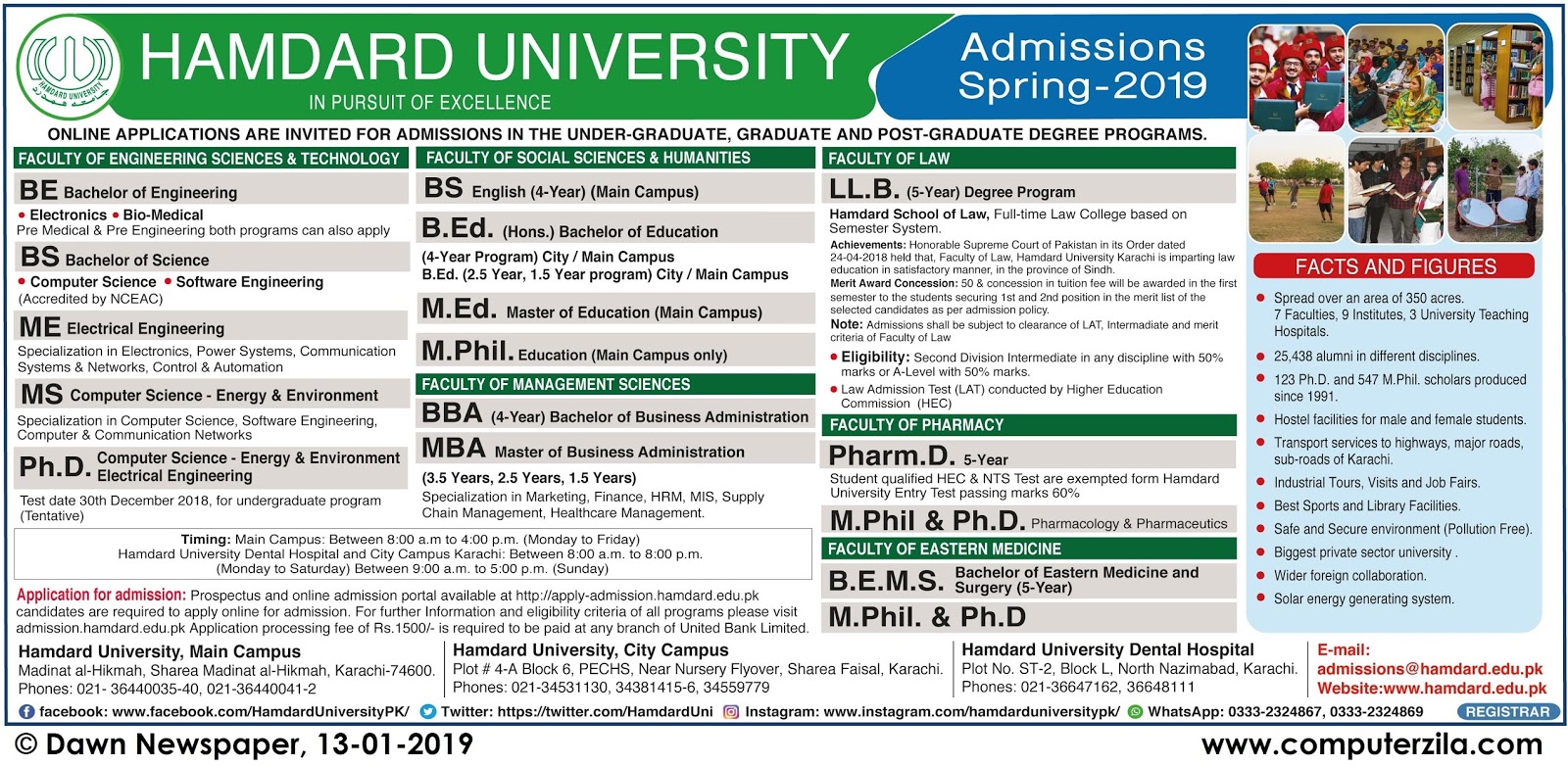 Admissions Open For Spring 2019 At HAMDARD Karachi Campus