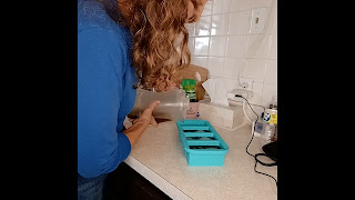 Woman pours broth into a blue freezer tray.