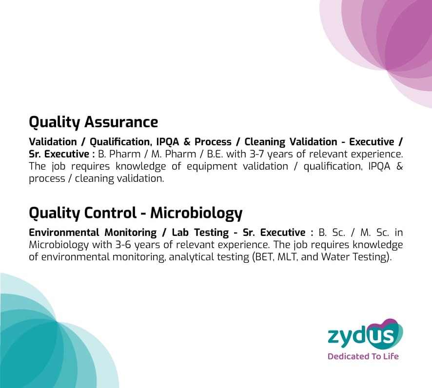 Job Availables, Zydus Walk-In Interview for B Pharm/ M Pharm/ BSc/ MSc Microbiology / BE/ Diploma/ ITI/ D Pharm/ DME