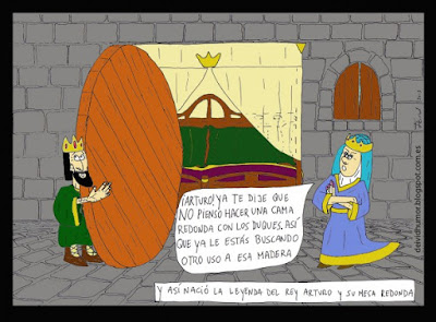 Meme de humor sobre el rey Arturo y la Mesa Redonda