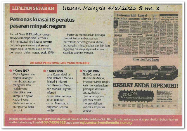 Lipatan sejarah 4 Ogos - Keratan akhbar Utusan Malaysia 4 Ogos 2023