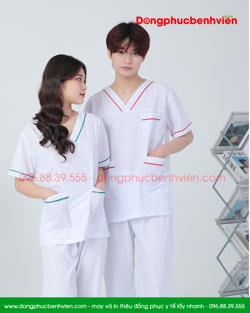 Bộ blouse cổ tim nam nữ- bộ scrubs kỹ thuật viên màu trắng có viền cộc tay cho bác sỹ, điều dưỡng, dược sỹ