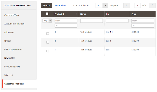 Product Grid In Customer Admin Section