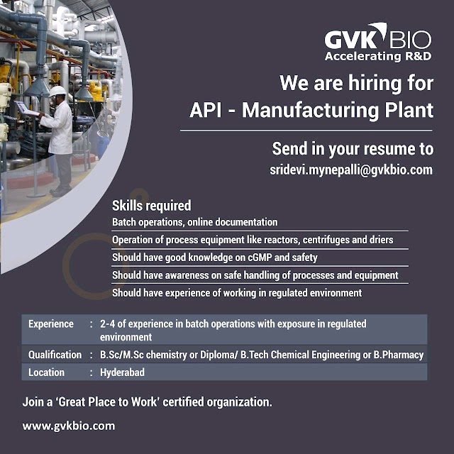 GVK bio | Recruitment for Experienced candidates in Production/QC/R&D 