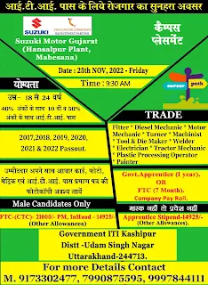 ITI Apprentice & Jobs Campus Placement Drive On 25th November 2022 at  Kahipur, Uttarakhand