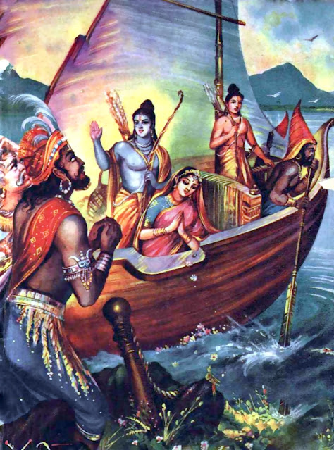 Guha in Ganga river bank Rama Sita and Lakshmana in boat