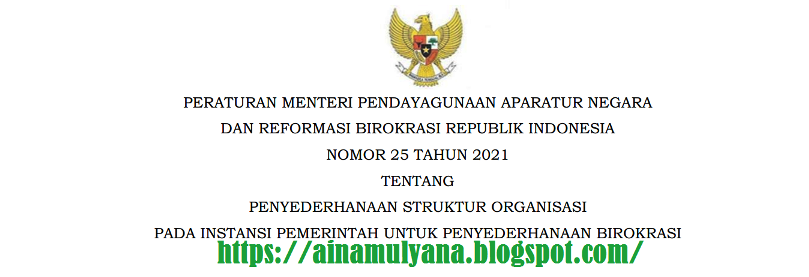 Permenpan RB Nomor 25 Tahun 2021 Tentang Penyederhanaan Struktur Organisasi Pada Instansi Pemerintah Untuk Penyederhanaan Birokrasi,