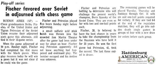Fischer Favored Over Soviet in Adjourned Sixth Chess Game