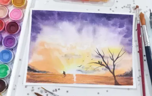 Pintura em Aquarela - O Pôr do Sol sobre a Baía