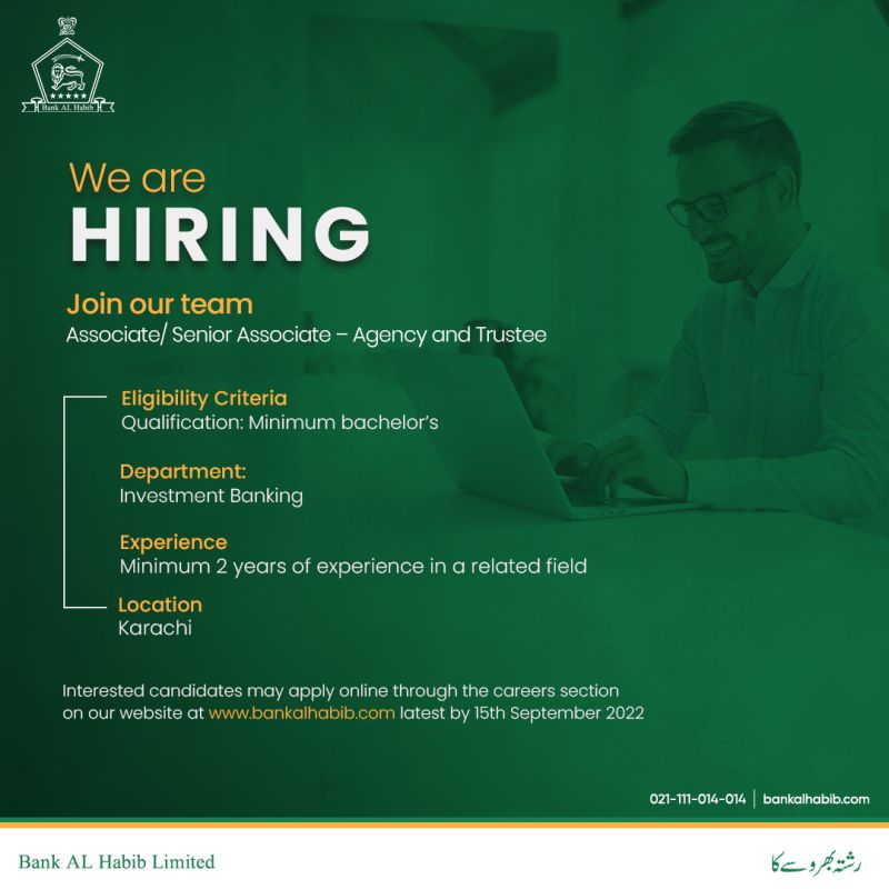 Bank AL Habib Jobs For Associate/ Senior Associate – Agency and Trustee