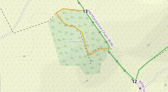 The orange line shows a possible detour through Grotto Wood