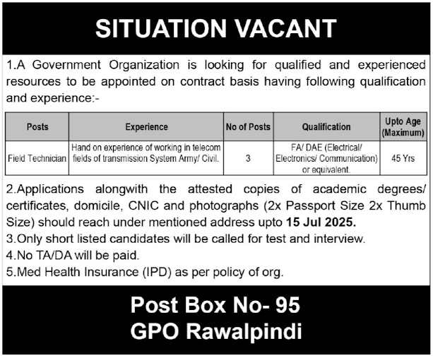 Post-Box-No-95-GPO-Rawalpindi-Jobs-2025-For-Field-Technician-2322