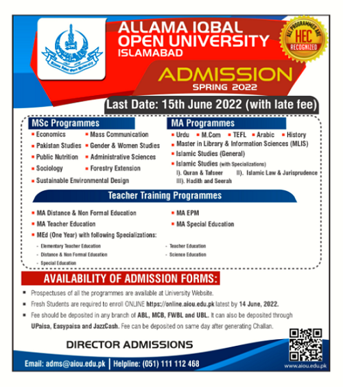 AIOU-Admission-Phase-II-Spring-2022-lastdate-15th-june