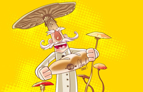 A fungus cartoon character of a bread baker inspired by the muppets cook.