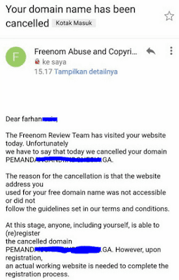 Email suspend domain oleh Freenom, tanpa alasan yang pasti