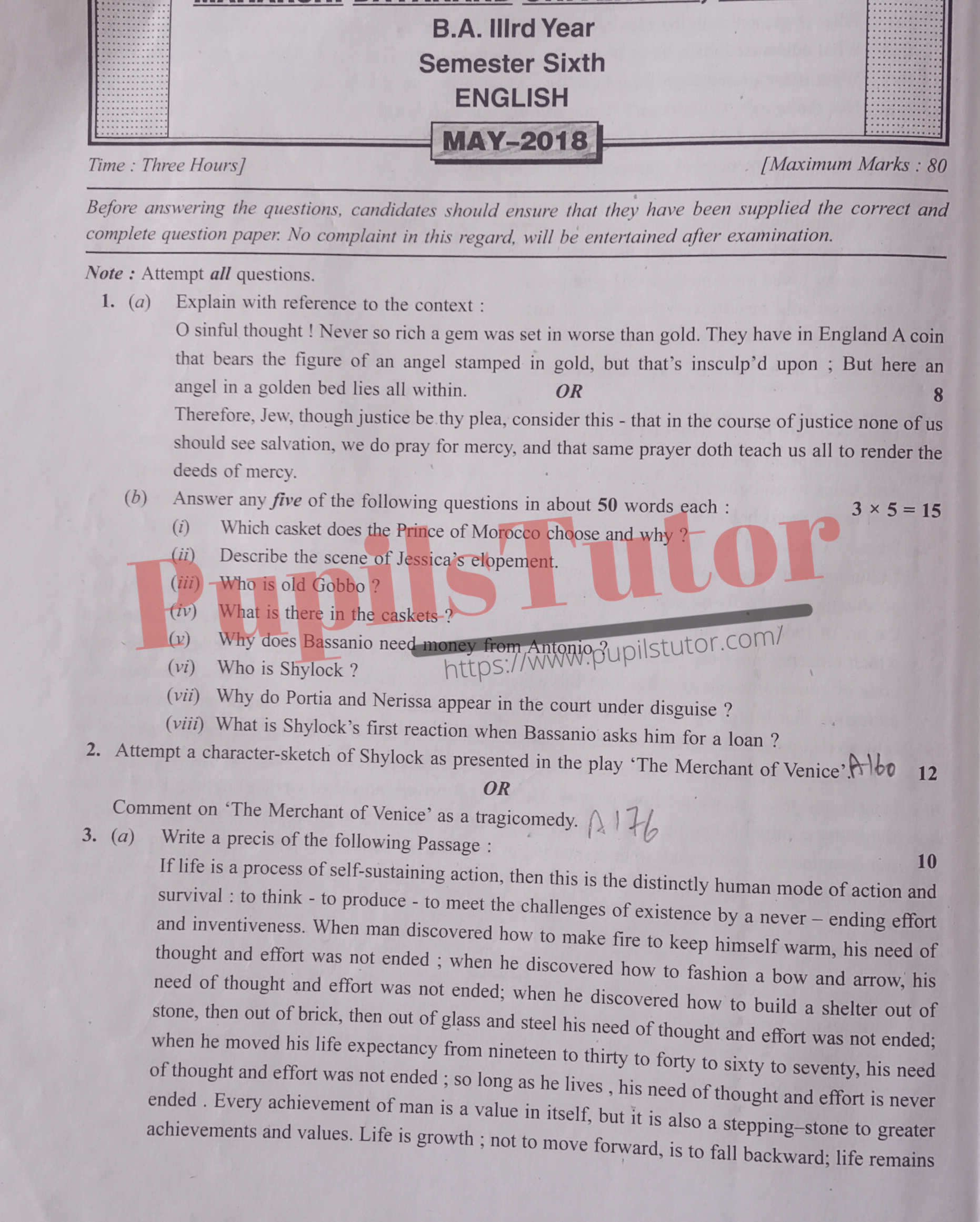 MDU (Maharshi Dayanand University, Rohtak Haryana) BA Pass Course Sixth Semester Previous Year English Question Paper For May, 2018 Exam (Question Paper Page 1) - pupilstutor.com