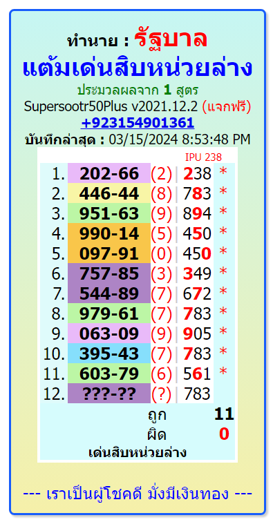 Thailand lottery result today, 16-3-2024  3up totals