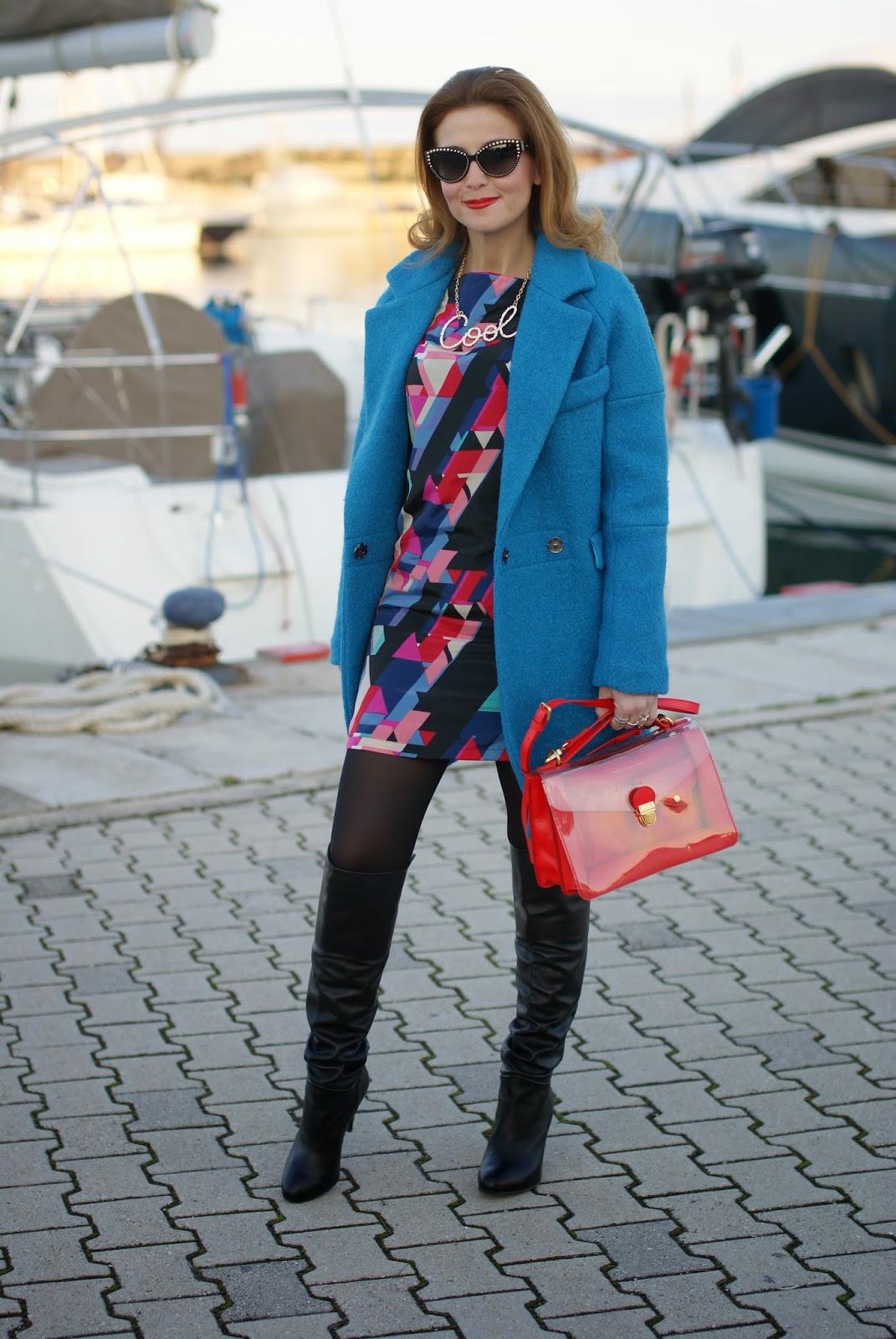 Paramita geometric print dress with over the knee boots, Marc by Marc Jacobs bag on Fashion and Cookies fashion blog