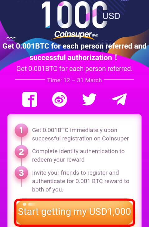 Setelah Anda berhasil menuju ke situsnya maka Akan muncul Informasi mengenai  Hadiah 0,001 BTC dan Terms And Conditions. Silahkan pilih "Start Getting My USD 1,000".