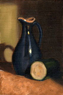 Oil painting of a blue sauce jug with half of a zucchini cut crossways.