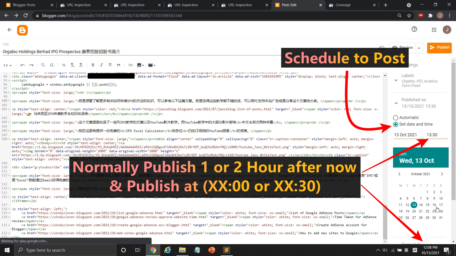 How to schedule blogger to publish post to fix discovered currently not indexed