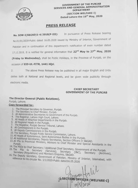 Notification of public holidays during eid ul fitr 1441 hijri by GOP PAKISTAN