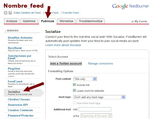 La opción Publicize de Feedburner