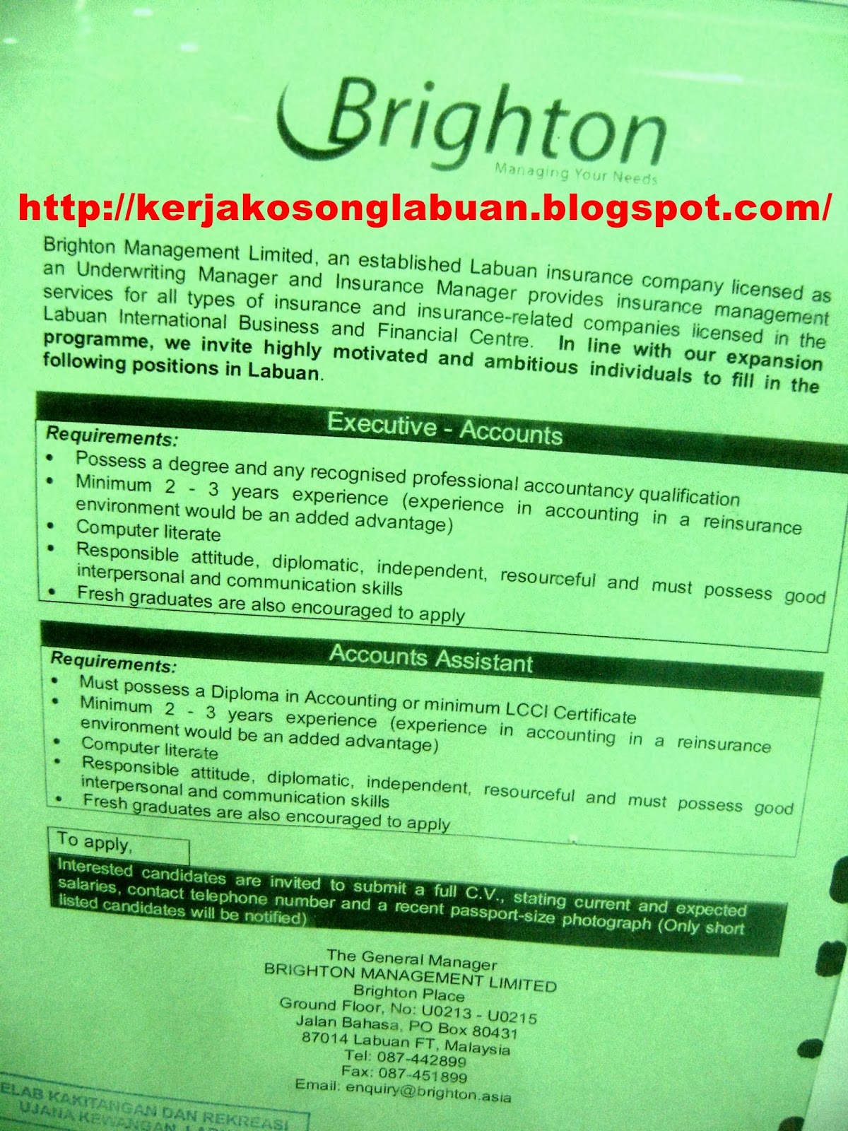 Kerja Kosong Di Labuan: jawatan kosong di brighton ...
