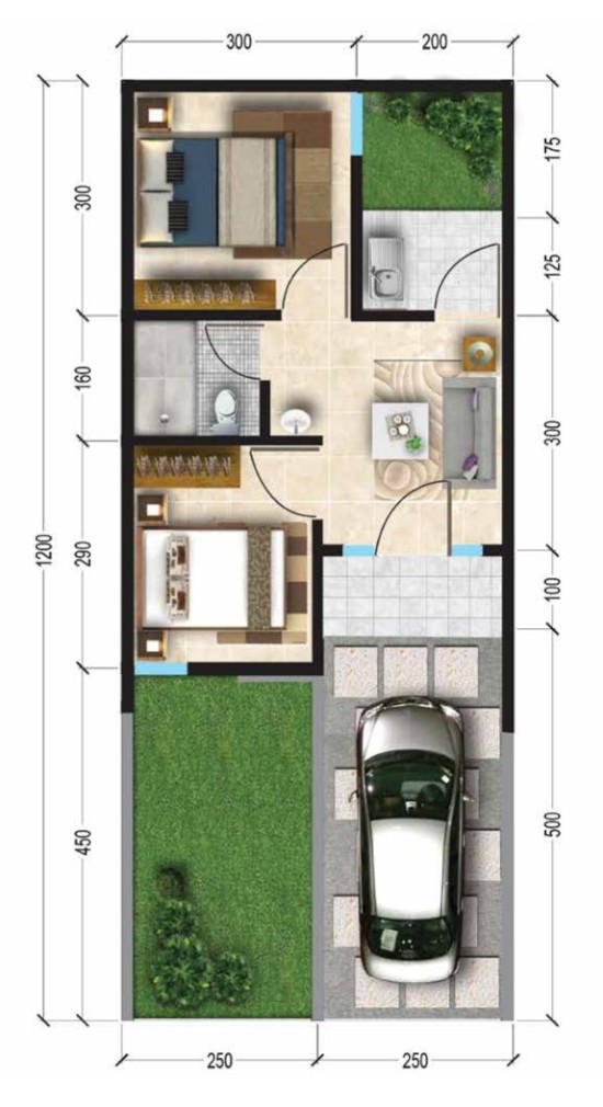 Denah rumah minimalis  ukuran  5x12 meter  2 kamar tidur 1 