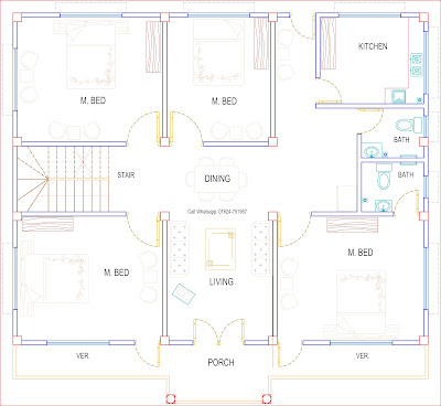 1200 aquare feet 4 bed room house design floor plan