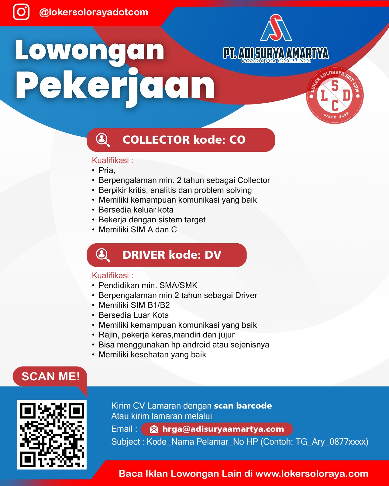 Loker Driver, Collector, Accounting & Tax Staff, Sales Area PT Adi Surya Amartya Solo
