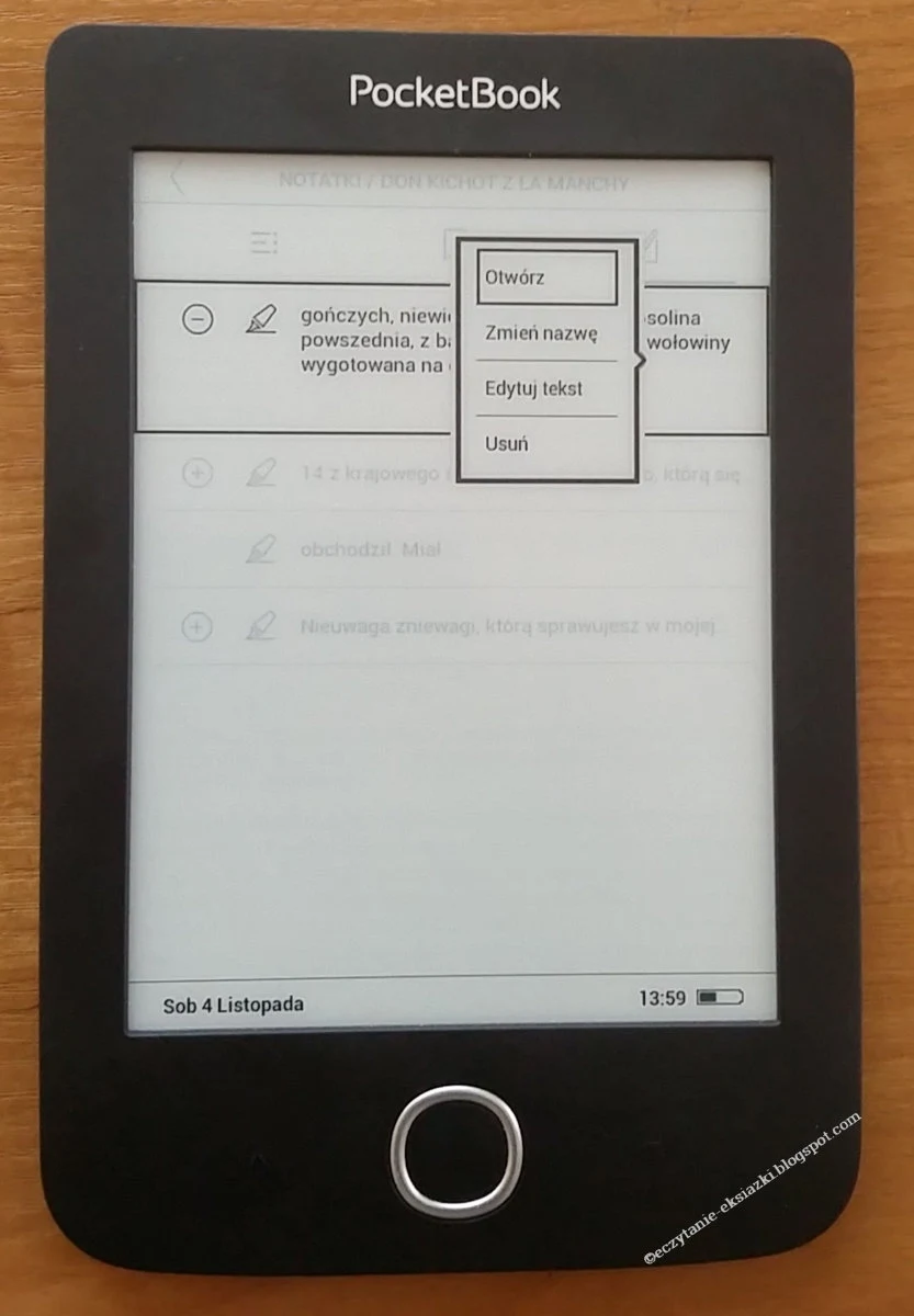 Menu kontekstowe edycji notatek w PocketBook Basic 3