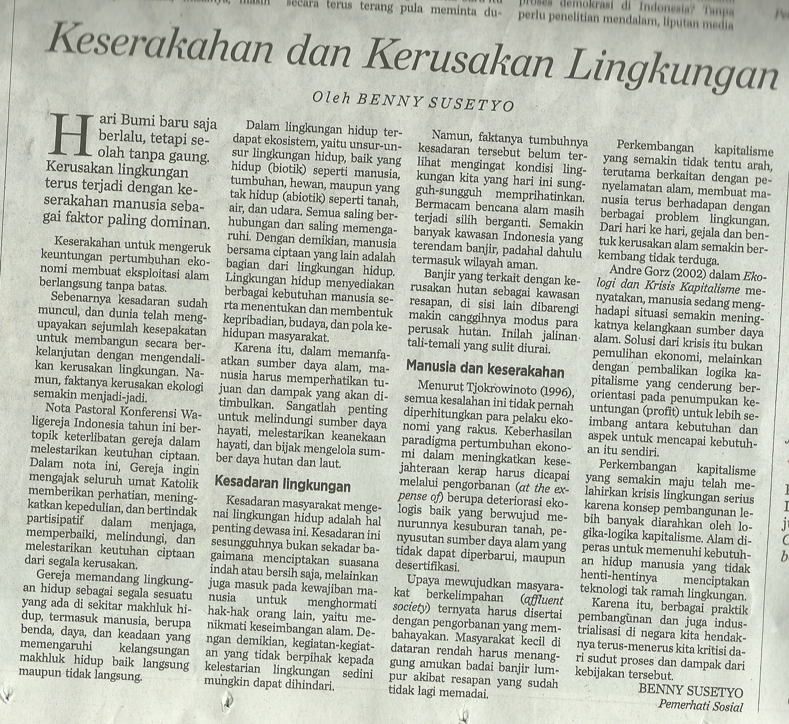 Keserakahan dan Kerusakan Lingkungan Kompas 11 Mei 2013 hlm 6 kol 2