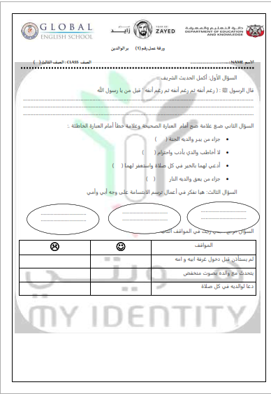 أوراق عمل بر الوالدين فـي اللغة العربيـة للصف الثالث