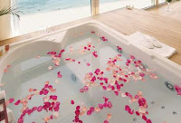 What appears to be a bath with rose petals floating on the water. Isn't it just so ROMANTIC, darling? Now excuse me while I throw up in my mouth...