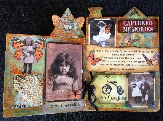 Altered mixed media children's book using DecoArt products. Final two pages.