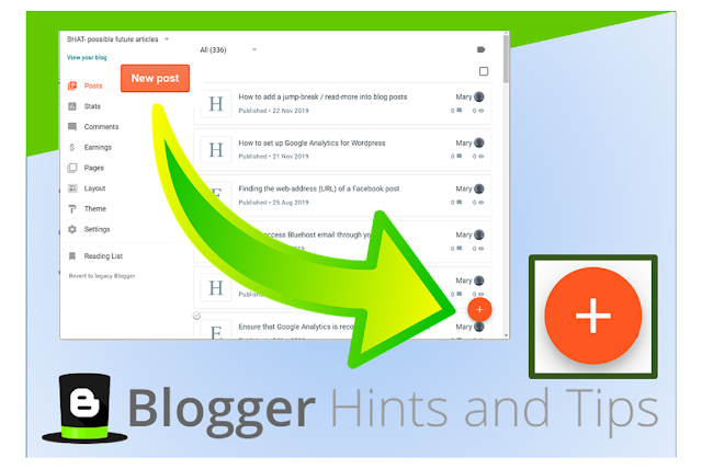 post header picture highlighting the New Post button in Blogger-2020 interface
