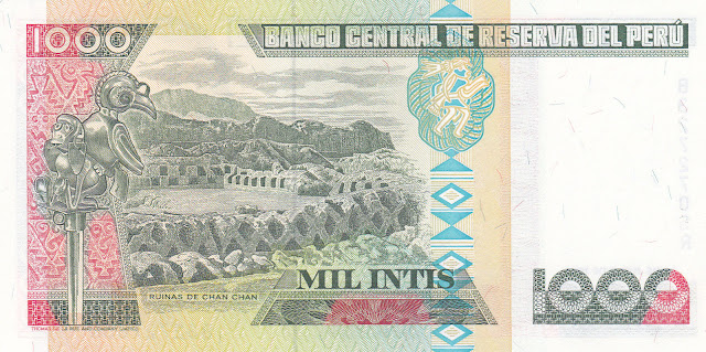 Peru money currency 1000 Intis banknote 1988 Ruins of Chan Chan