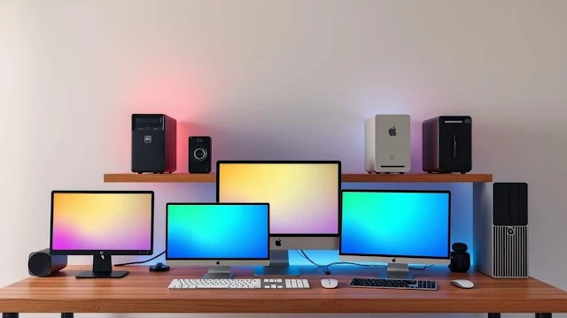 "Modern compact desktop computers arranged on a sleek wooden desk, showcasing various sizes and designs, with vibrant color schemes and minimalist aesthetics, surrounded by subtle tech accessories and soft ambient lighting."