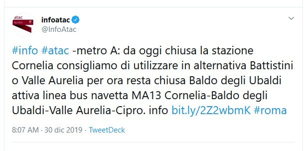 Situazione del trasporto pubblico di Roma di lunedì 30 dicembre