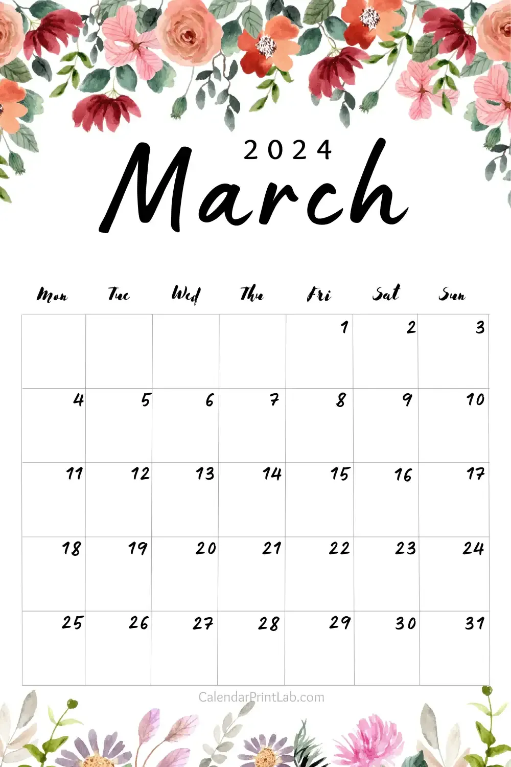 March 2024 Calendar Floral Design