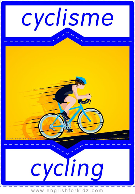 cycling in French, cyclisme en anglais, English-French sports flashcards