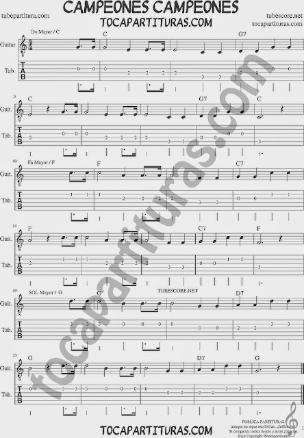  Campeones campeones Tablatura y partitura del Punteo de Guitarra (tab) para aprender a tocar la melodía con guitarra Tabs sheet music for guitar with chords guitar beginners