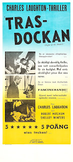 TRAS-DOCKAN. Suecia. Cartel: 32 x 70 cms. Imprenta: Ewes Tryckeri AB, Estocolmo. LA NOCHE DEL CAZADOR. The Night of the Hunter. 1955. Estados Unidos. Dirección: Charles Laughton. Reparto: Robert Mitchum, Billy Chapin, Sally Ann Bruce, Shelley Winters, Lillian Gish, Peter Graves, Evelyn Varden, James Gleason, Don Beddoe, Gloria Castillo.