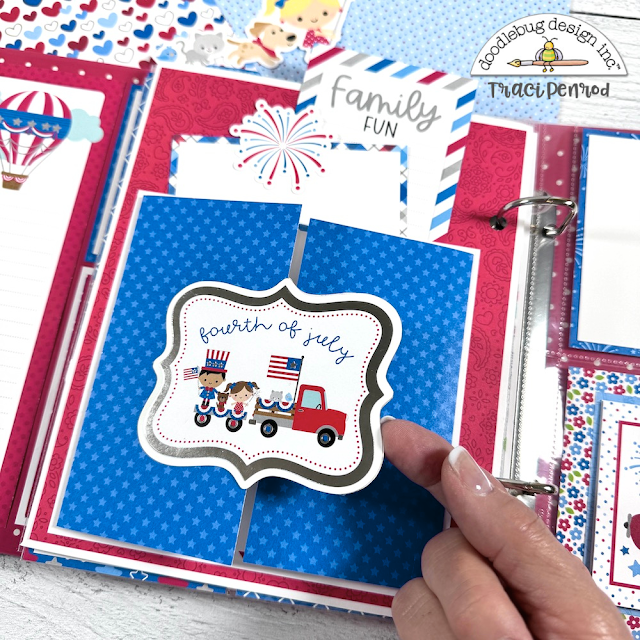 Happy July 4th Scrapbook Album page with a pocket, journaling cards, and a gatefold element with stars, flags, and a red truck