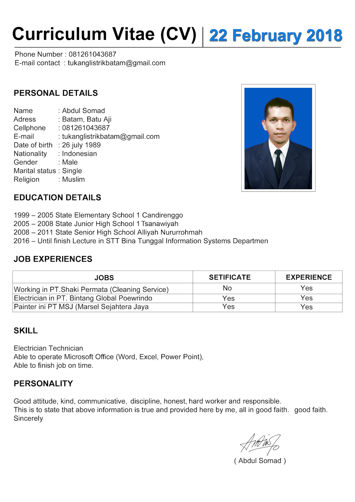 Contoh Curriculum Vitae Bahasa Inggris  TUKANG LISTRIK BATAM