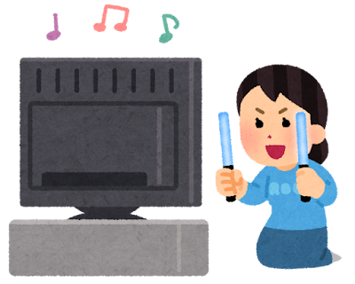 テレビでコンサートを見る人のイラスト（ペンライト・女性）