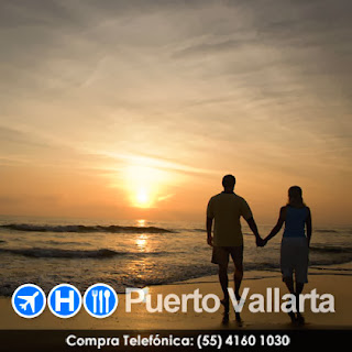 imagen de la playa de puerto vallarta al atardecer y con numero telefonico para comprar paquete